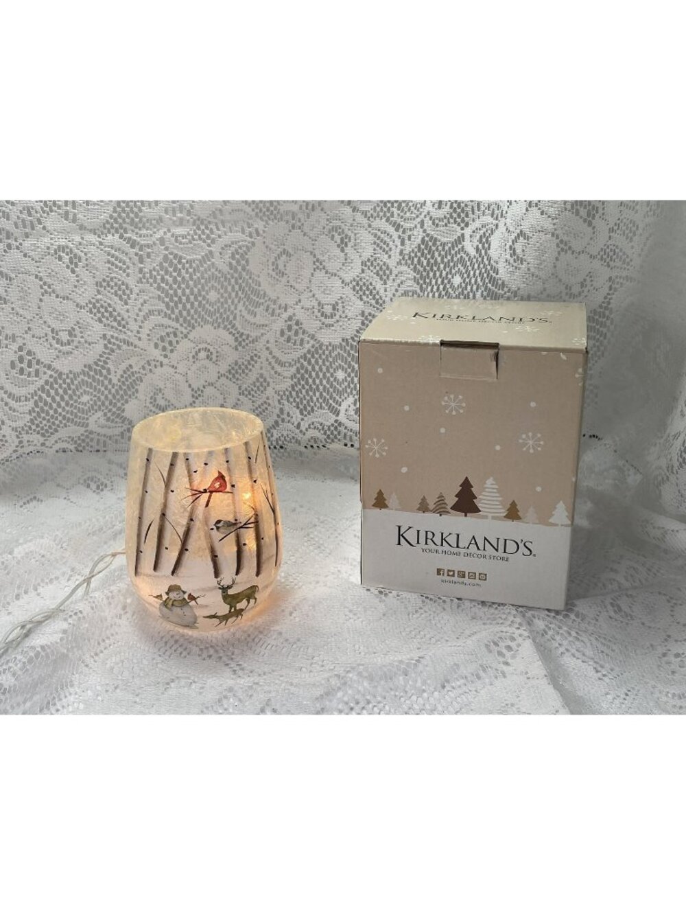 Kirklands Frosted Glass Deer Hurricane Lamp Light Glitter, Sparkles, Gold Accent